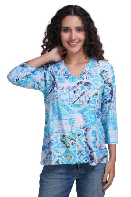 Women's Blue Geometric Printed V-Neck Top – Casual & Comfortable 3/4 Sleeve Tunic