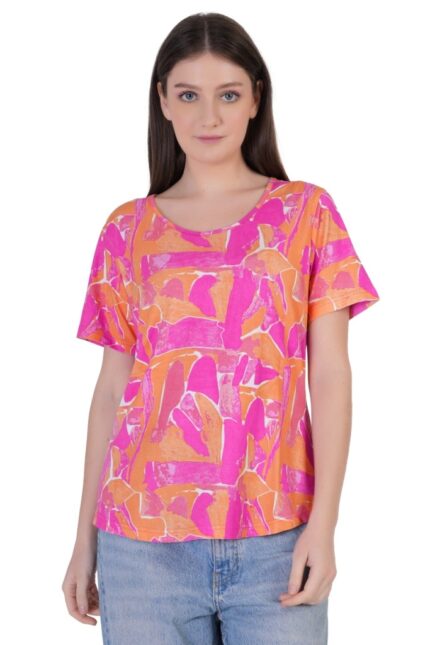 Women's Vibrant Pink & Orange Abstract Printed Round Neck Cotton Top – Casual Summer Wear